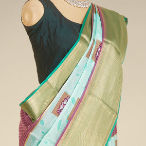 Multi-color pichwai lotus motifs printed mysore silk saree with zari designs, contrast traditional zari design border