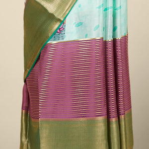 Multi-color pichwai lotus motifs printed mysore silk saree with zari designs, contrast traditional zari design border