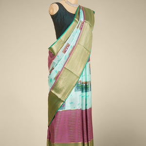 Multi-color pichwai lotus motifs printed mysore silk saree with zari designs, contrast traditional zari design border