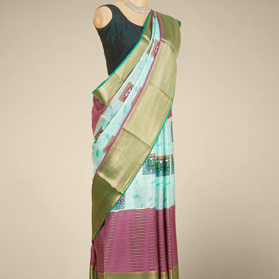 Multi-color pichwai lotus motifs printed mysore silk saree with zari designs, contrast traditional zari design border