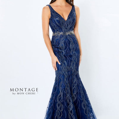 Montage 120921 Long Beaded Lace Metallic Evening Formal Dress