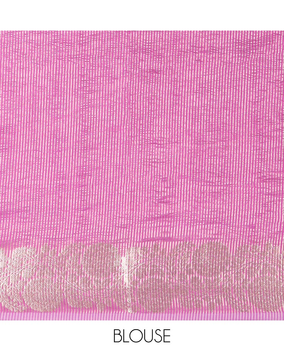 Pink crushed saree, floral creeper zari border & pallu of stripes