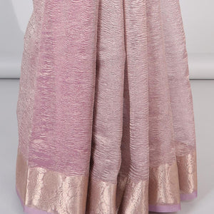 Pink crushed saree, floral creeper zari border & pallu of stripes