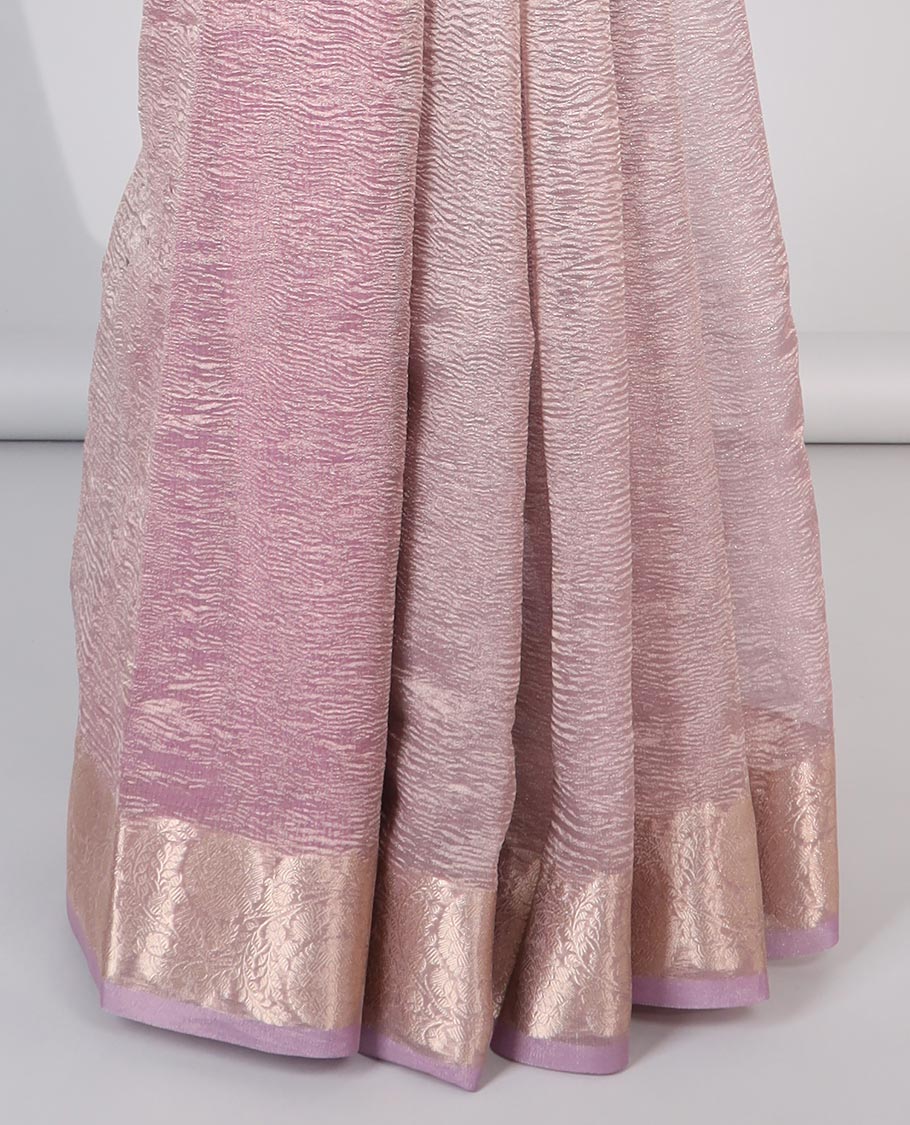 Pink crushed saree, floral creeper zari border & pallu of stripes