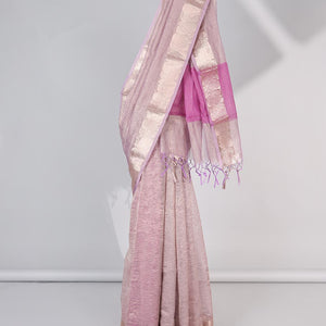 Pink crushed saree, floral creeper zari border & pallu of stripes