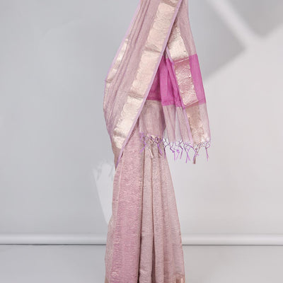 Pink crushed saree, floral creeper zari border & pallu of stripes