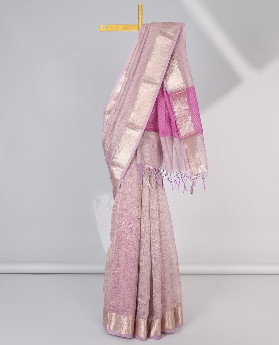 Pink crushed saree, floral creeper zari border & pallu of stripes