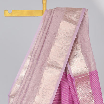 Pink crushed saree, floral creeper zari border & pallu of stripes