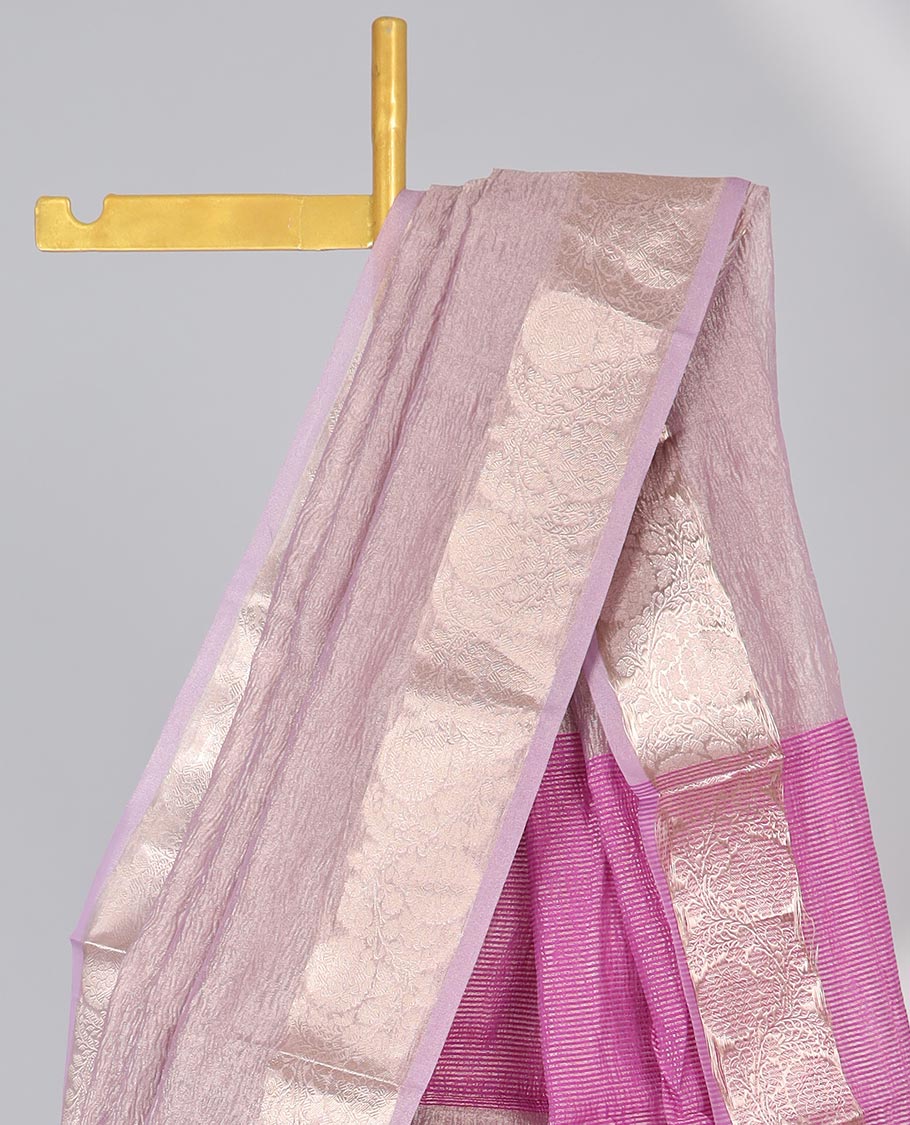 Pink crushed saree, floral creeper zari border & pallu of stripes