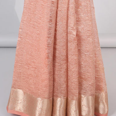 Pink crushed saree, floral creeper zari border & pallu of stripes