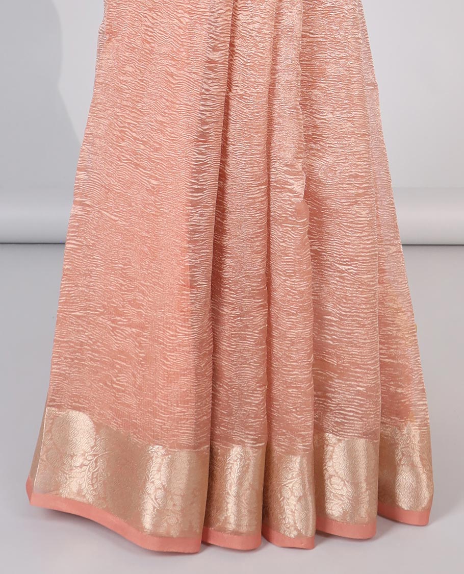 Pink crushed saree, floral creeper zari border & pallu of stripes