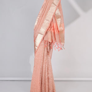 Pink crushed saree, floral creeper zari border & pallu of stripes