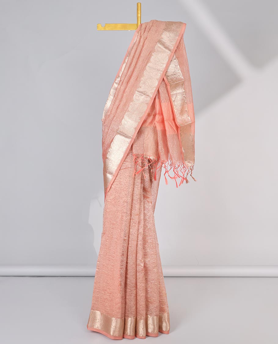 Pink crushed saree, floral creeper zari border & pallu of stripes