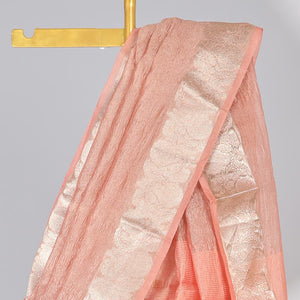 Pink crushed saree, floral creeper zari border & pallu of stripes