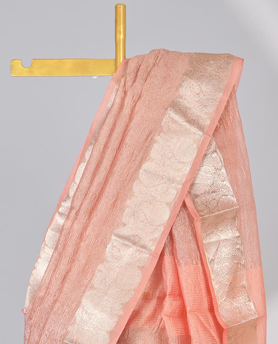Pink crushed saree, floral creeper zari border & pallu of stripes