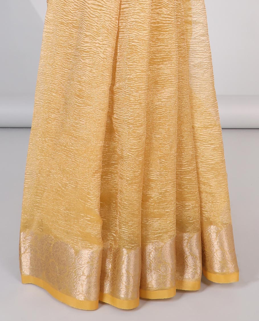 Pink crushed saree, floral creeper zari border & pallu of stripes