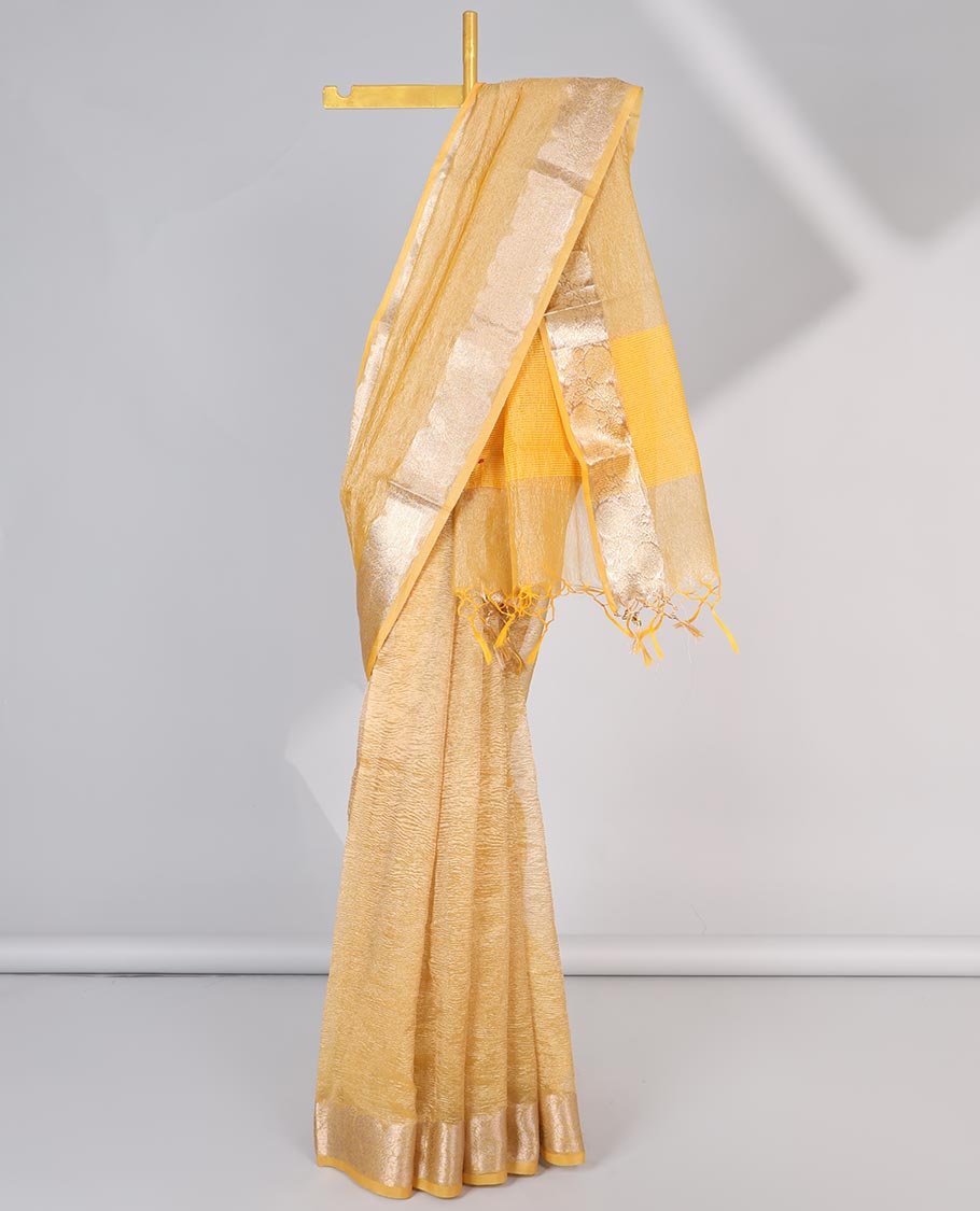 Pink crushed saree, floral creeper zari border & pallu of stripes