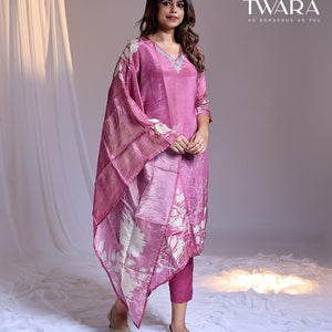 Twara Pink readymade suit,floral print & embroidery 3/4th sleeve v-neck tissue top, plain pants & floral printed dupatta