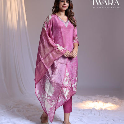 Twara Pink readymade suit,floral print & embroidery 3/4th sleeve v-neck tissue top, plain pants & floral printed dupatta