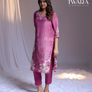 Twara Pink readymade suit,floral print & embroidery 3/4th sleeve v-neck tissue top, plain pants & floral printed dupatta