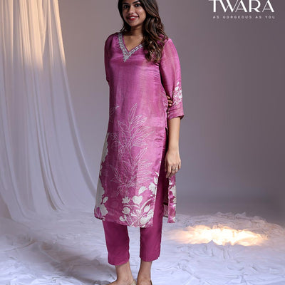 Twara Pink readymade suit,floral print & embroidery 3/4th sleeve v-neck tissue top, plain pants & floral printed dupatta