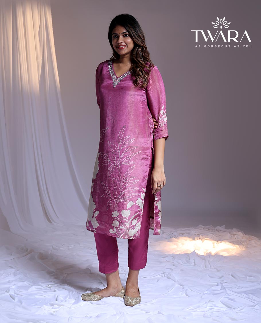 Twara Pink readymade suit,floral print & embroidery 3/4th sleeve v-neck tissue top, plain pants & floral printed dupatta