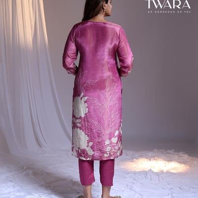 Twara Pink readymade suit,floral print & embroidery 3/4th sleeve v-neck tissue top, plain pants & floral printed dupatta