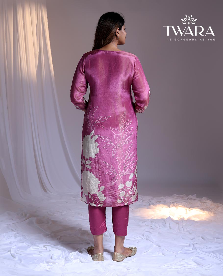 Twara Pink readymade suit,floral print & embroidery 3/4th sleeve v-neck tissue top, plain pants & floral printed dupatta