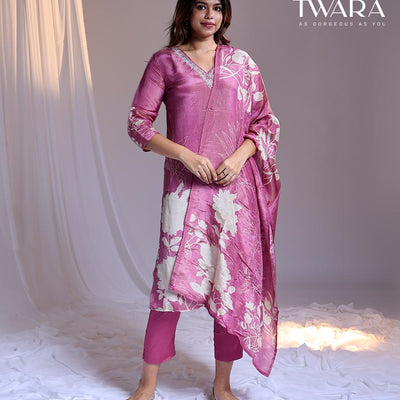 Twara Pink readymade suit,floral print & embroidery 3/4th sleeve v-neck tissue top, plain pants & floral printed dupatta