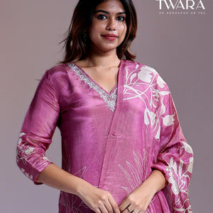 Twara Pink readymade suit,floral print & embroidery 3/4th sleeve v-neck tissue top, plain pants & floral printed dupatta