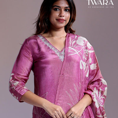 Twara Pink readymade suit,floral print & embroidery 3/4th sleeve v-neck tissue top, plain pants & floral printed dupatta