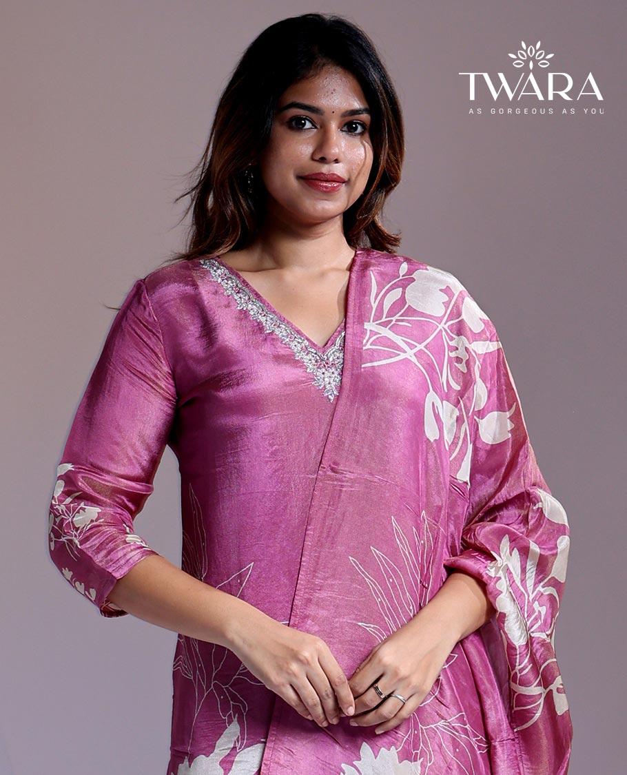 Twara Pink readymade suit,floral print & embroidery 3/4th sleeve v-neck tissue top, plain pants & floral printed dupatta