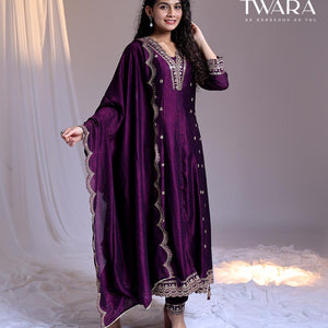 Twara Purple readymade suit, embroidery 3/4th sleeve v-neck chanderi top, embroidery  pants & scallop embroidery dupatta