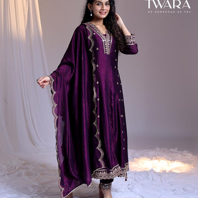 Twara Purple readymade suit, embroidery 3/4th sleeve v-neck chanderi top, embroidery  pants & scallop embroidery dupatta