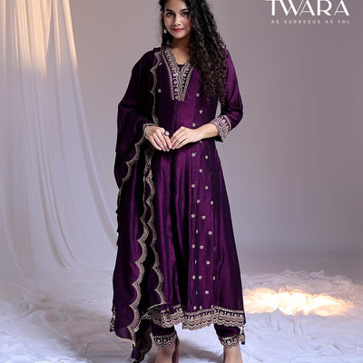 Twara Purple readymade suit, embroidery 3/4th sleeve v-neck chanderi top, embroidery  pants & scallop embroidery dupatta