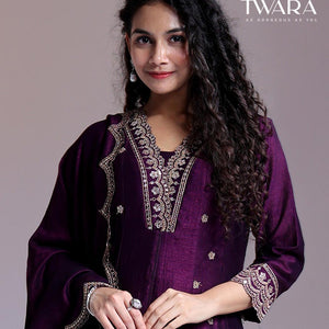 Twara Purple readymade suit, embroidery 3/4th sleeve v-neck chanderi top, embroidery  pants & scallop embroidery dupatta