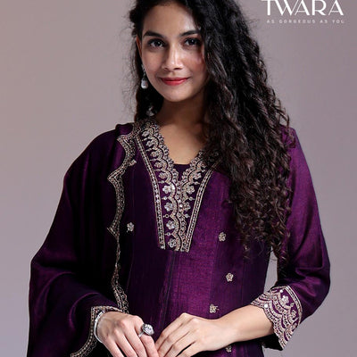 Twara Purple readymade suit, embroidery 3/4th sleeve v-neck chanderi top, embroidery  pants & scallop embroidery dupatta