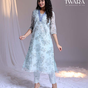 Twara Blue readymade suit,floral vine printed & V-neck embroidery straight-cut kota cotton top,solid pants & dupatta