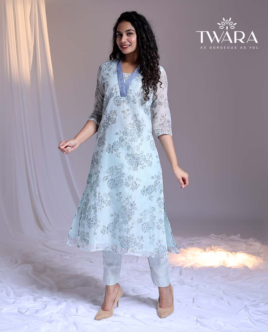 Twara Blue readymade suit,floral vine printed & V-neck embroidery straight-cut kota cotton top,solid pants & dupatta