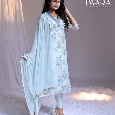 Twara Blue readymade suit,floral vine printed & V-neck embroidery straight-cut kota cotton top,solid pants & dupatta