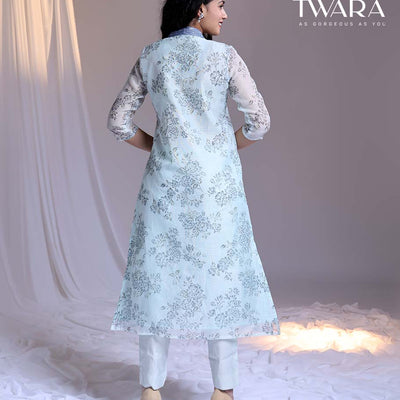 Twara Blue readymade suit,floral vine printed & V-neck embroidery straight-cut kota cotton top,solid pants & dupatta