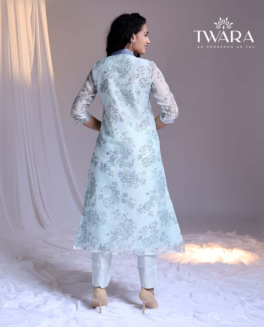 Twara Blue readymade suit,floral vine printed & V-neck embroidery straight-cut kota cotton top,solid pants & dupatta