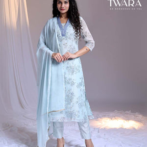 Twara Blue readymade suit,floral vine printed & V-neck embroidery straight-cut kota cotton top,solid pants & dupatta
