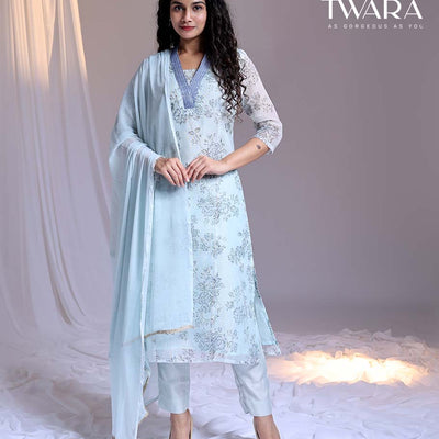 Twara Blue readymade suit,floral vine printed & V-neck embroidery straight-cut kota cotton top,solid pants & dupatta