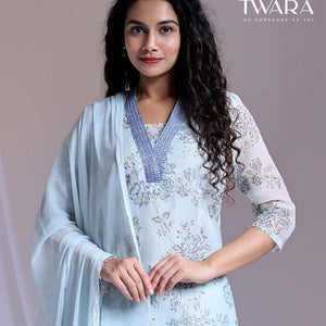 Twara Blue readymade suit,floral vine printed & V-neck embroidery straight-cut kota cotton top,solid pants & dupatta