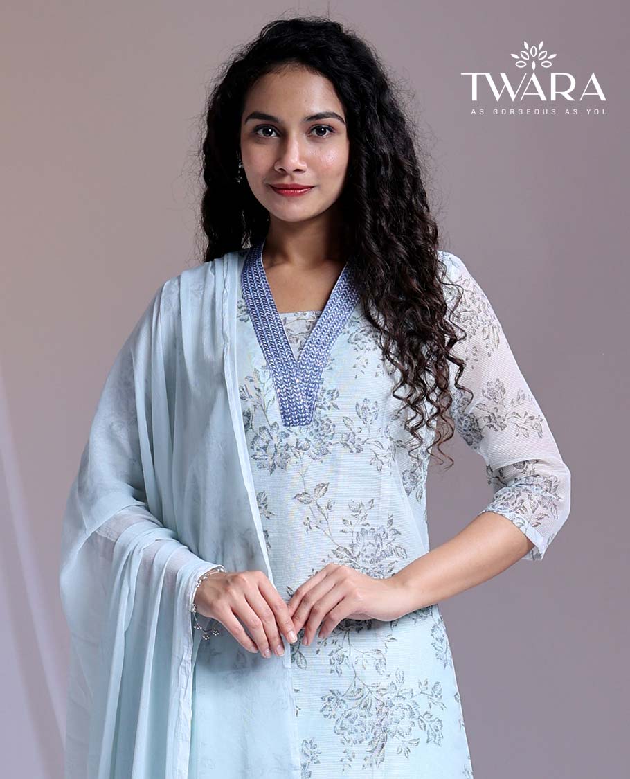 Twara Blue readymade suit,floral vine printed & V-neck embroidery straight-cut kota cotton top,solid pants & dupatta
