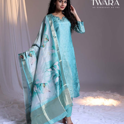 Twara Blue readymade suit, embroidered 3/4th-sleeve straight-cut tissue top, plain pants & floral printed dupatta