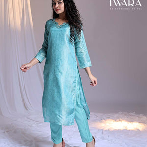 Twara Blue readymade suit, embroidered 3/4th-sleeve straight-cut tissue top, plain pants & floral printed dupatta