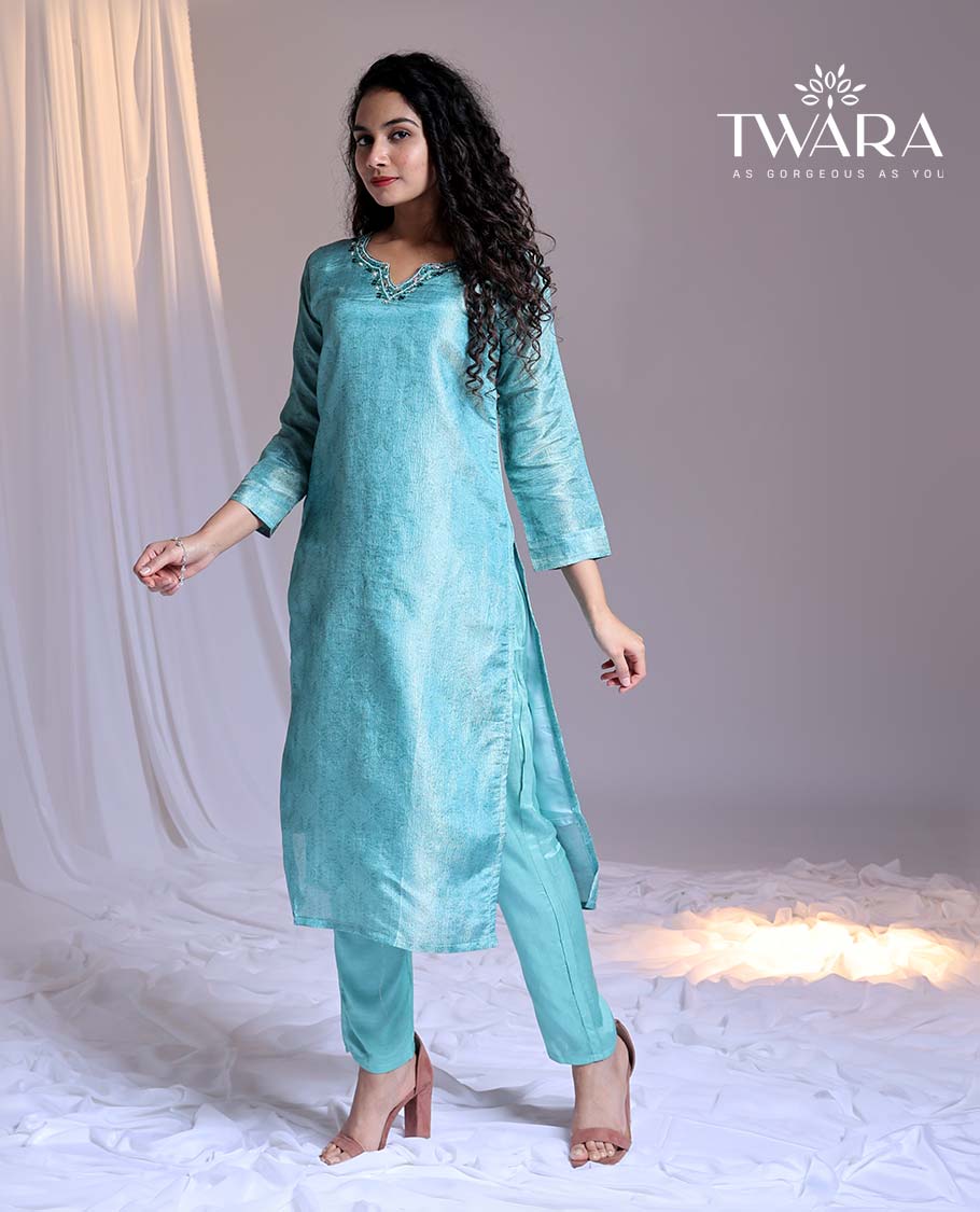 Twara Blue readymade suit, embroidered 3/4th-sleeve straight-cut tissue top, plain pants & floral printed dupatta