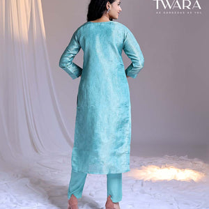 Twara Blue readymade suit, embroidered 3/4th-sleeve straight-cut tissue top, plain pants & floral printed dupatta